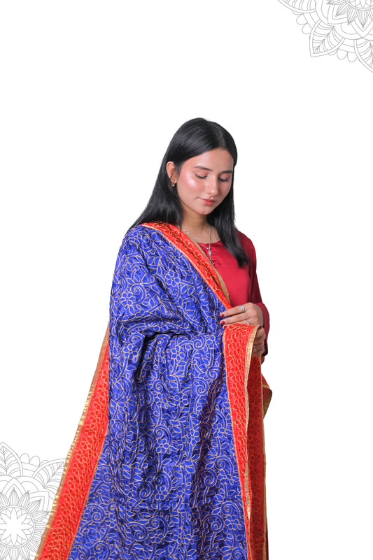Blue Ari Jaal Embroidered Dupatta with Red Border