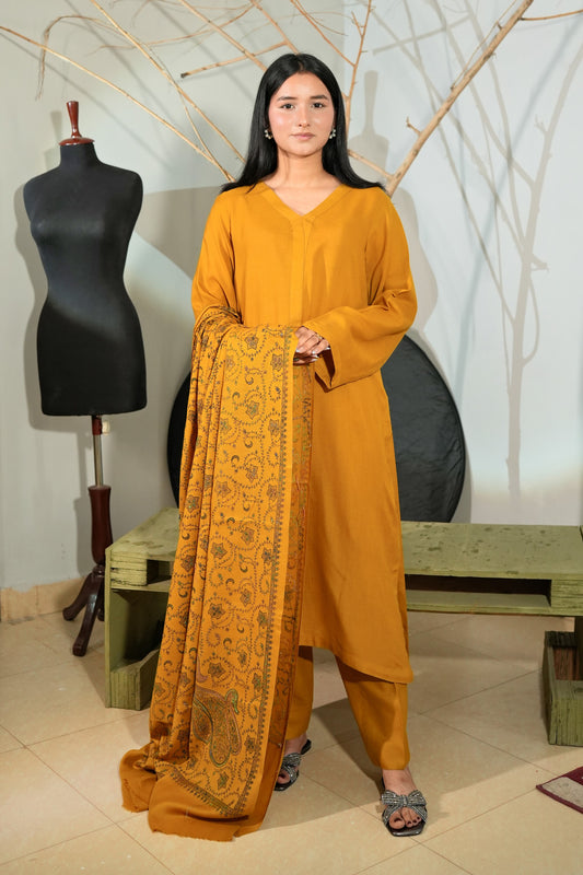 3 Piece - Simple Mustard Pashmeena Suit with Shawl