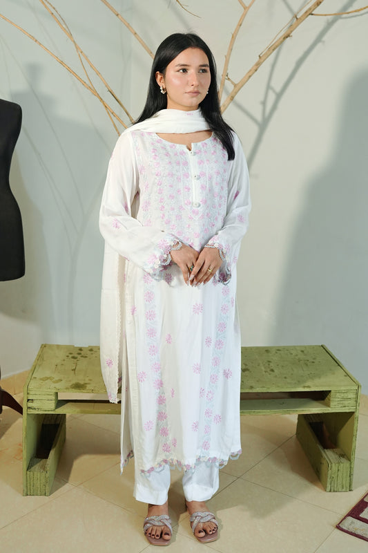 3 Piece - White Viscose Linen Thai Embroidered Suit