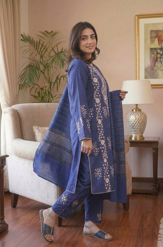 3 Piece - Blue Khadi Silk Embroidered Suit