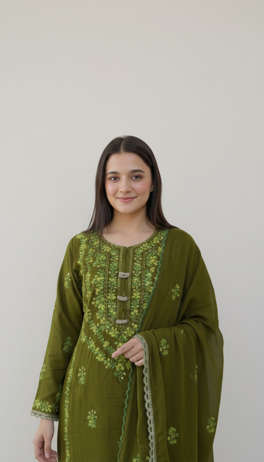 3 Piece - Green Linen Embroidered Suit