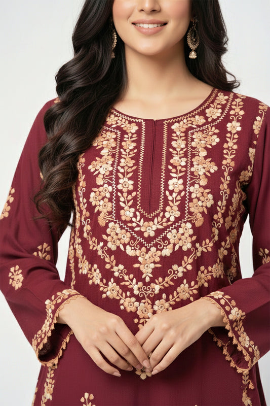 3 Piece - Maroon Linen Embroidered Suit