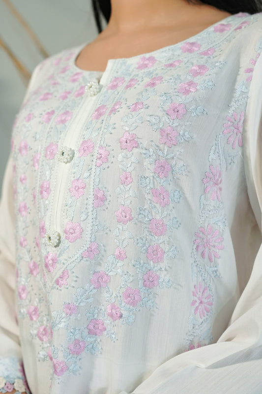 3 Piece - White Viscose Linen Thai Embroidered Suit