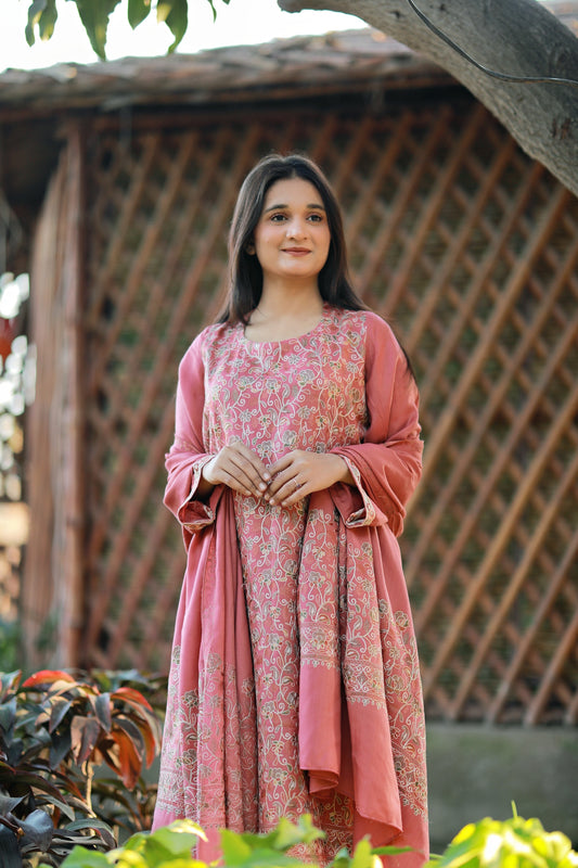 3 PEICE - Pink Embroidered Pashmina Suit