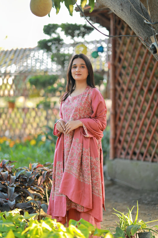 3 PEICE - Pink Embroidered Pashmina Suit