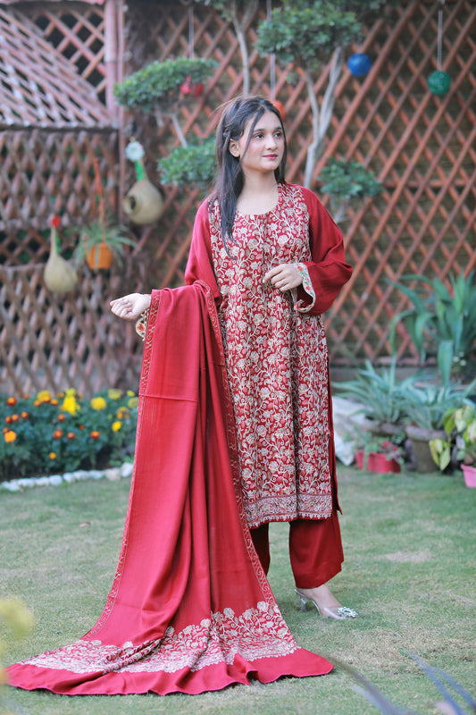 3 Piece - Red Embroidered Pashmina Suit