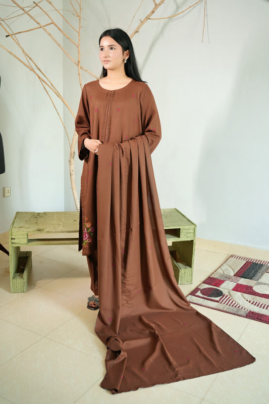 3 Piece - Brown Marina Cross Stitch Embroidery Suit