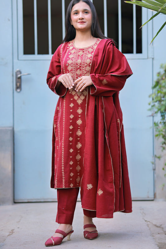 3 Piece - Maroon Khadar Banarsi Embroidered Suit