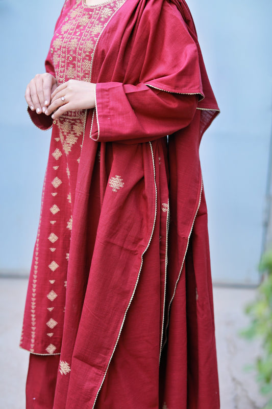 3 Piece - Maroon Khadar Banarsi Embroidered Suit