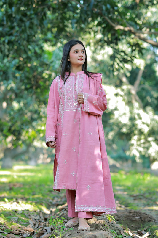 3-Piece - Pink Khadi Silk Shalwar Kameez with gota Embroidery