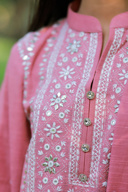 3-Piece - Pink Khadi Silk Shalwar Kameez with gota Embroidery