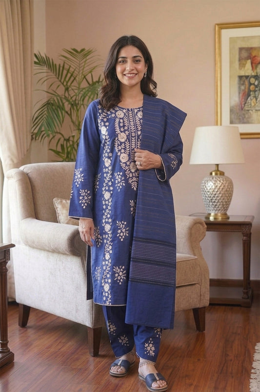 3 Piece - Blue Khadi Silk Embroidered Suit