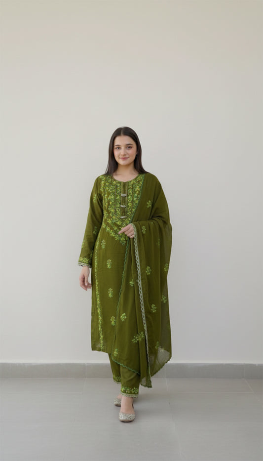 3 Piece - Green Linen Embroidered Suit