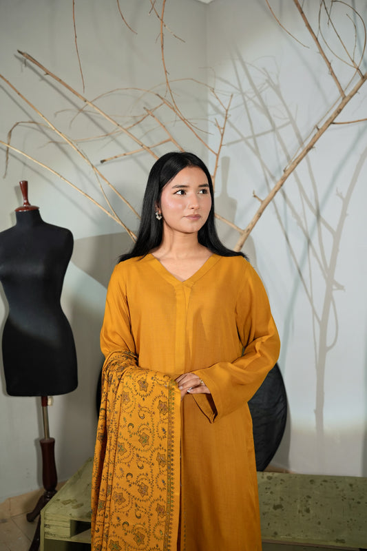 3 Piece - Simple Mustard Pashmeena Suit with Shawl