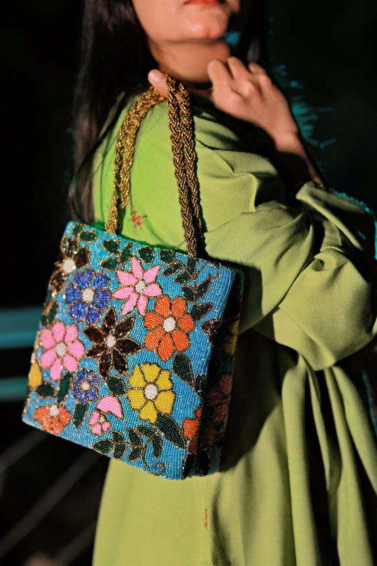 Hand-Beaded Floral Clutch – Luxury Evening Bag (Blue)