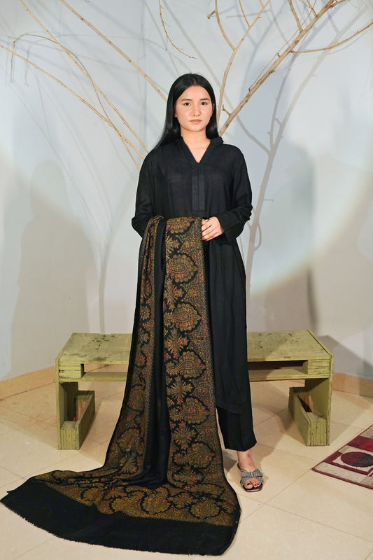 3 Piece - Simple Black Pashmeena Suit with Shawl