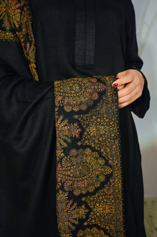 3 Piece - Simple Black Pashmeena Suit with Shawl