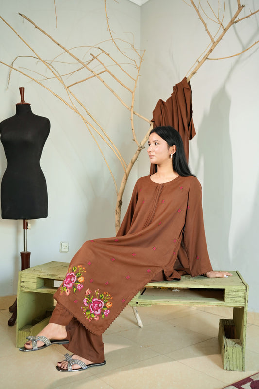 3 Piece - Brown Marina Cross Stitch Embroidery Suit