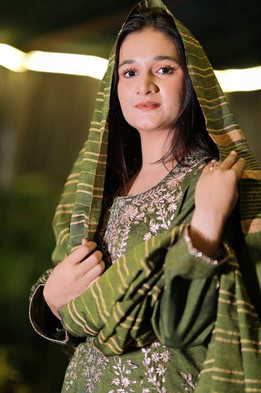 3 Piece - Green Khadi Silk Embroidered Suit