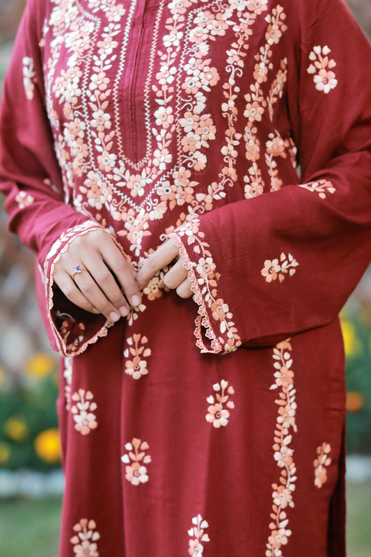3 Piece - Maroon Linen Embroidered Suit