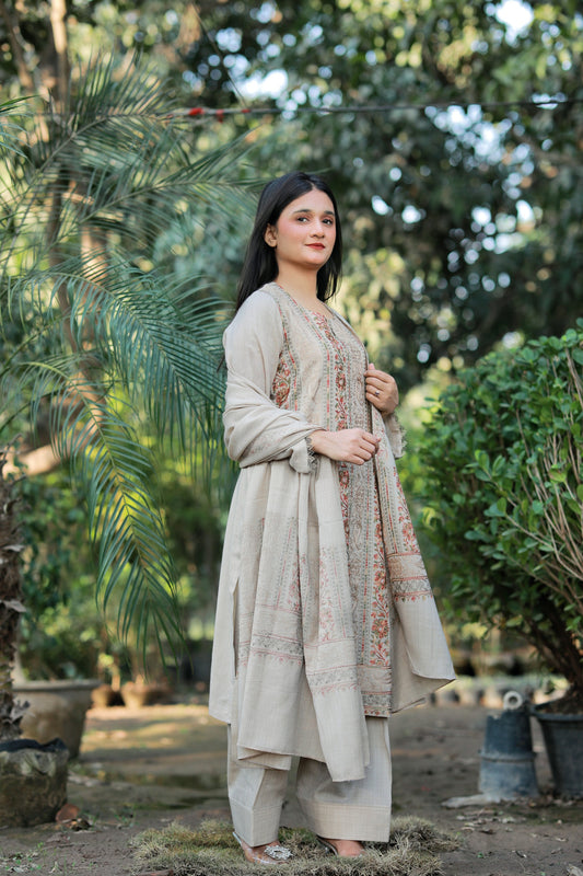3 Piece - Skin Color Pashmeena Embroidered Suit