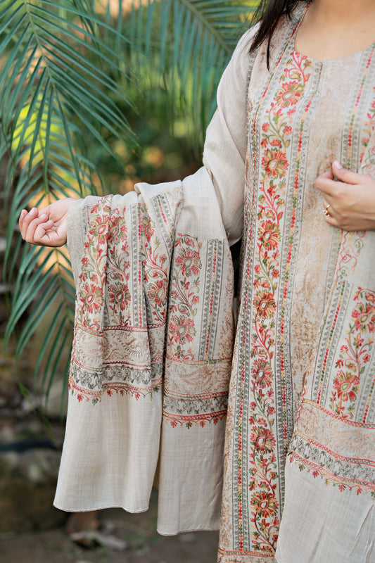 3 Piece - Skin Color Pashmeena Embroidered Suit