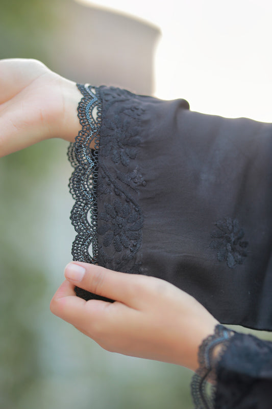3 Piece - Black Viscose Linen Thai Embroidered Suit